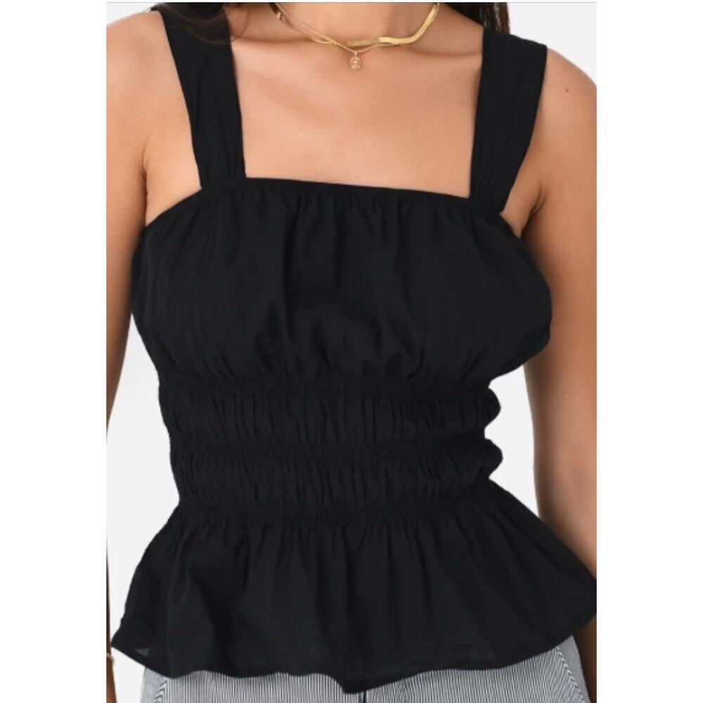 Anthropologie Cami Sz S STARK X Kamil Eyelet Top Peplum Hem Shirred Bodice Black